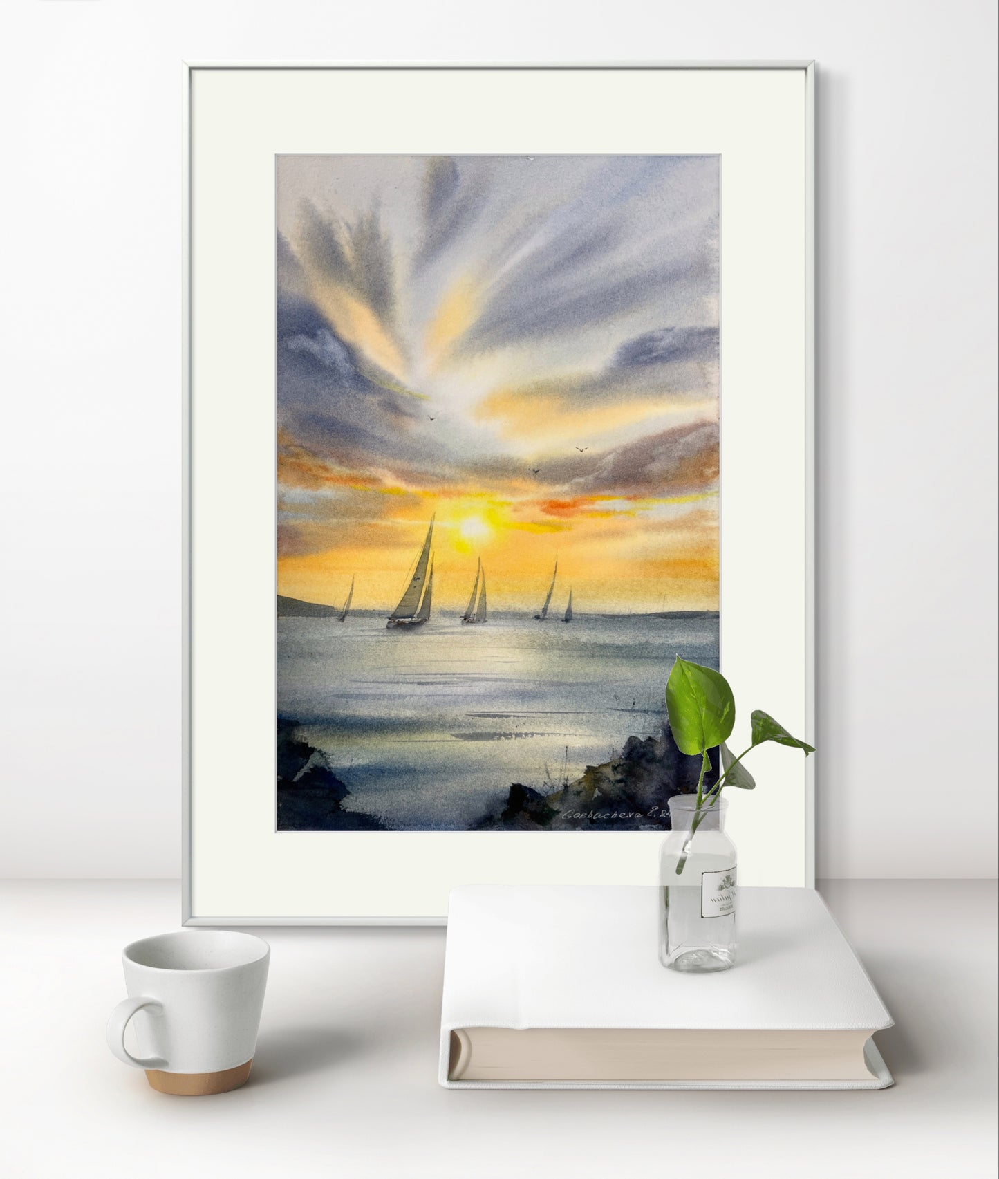 Seascape Watercolor Painting Original, Orange Blue Ocean Art, Clouds, Home Wall Decor, Unique Gift, Sailboat