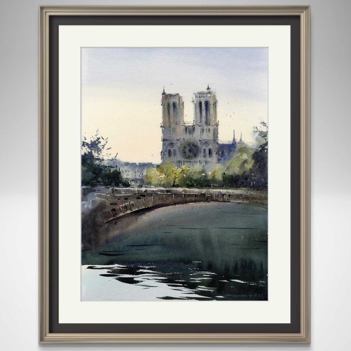 Giclee Print: Notre Dame de Paris Watercolor Painting by the Seine River