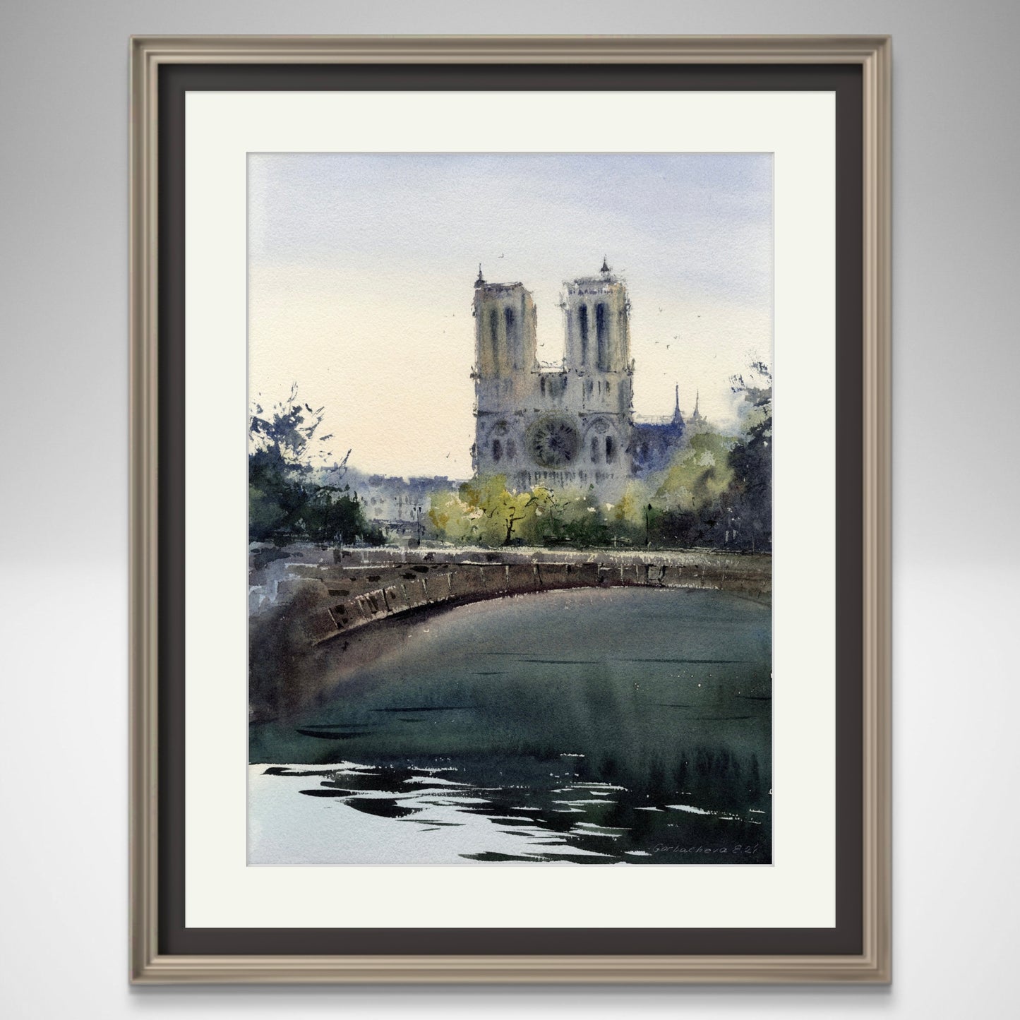 Elegant Original Watercolor Painting: Notre Dame de Paris by the Seine