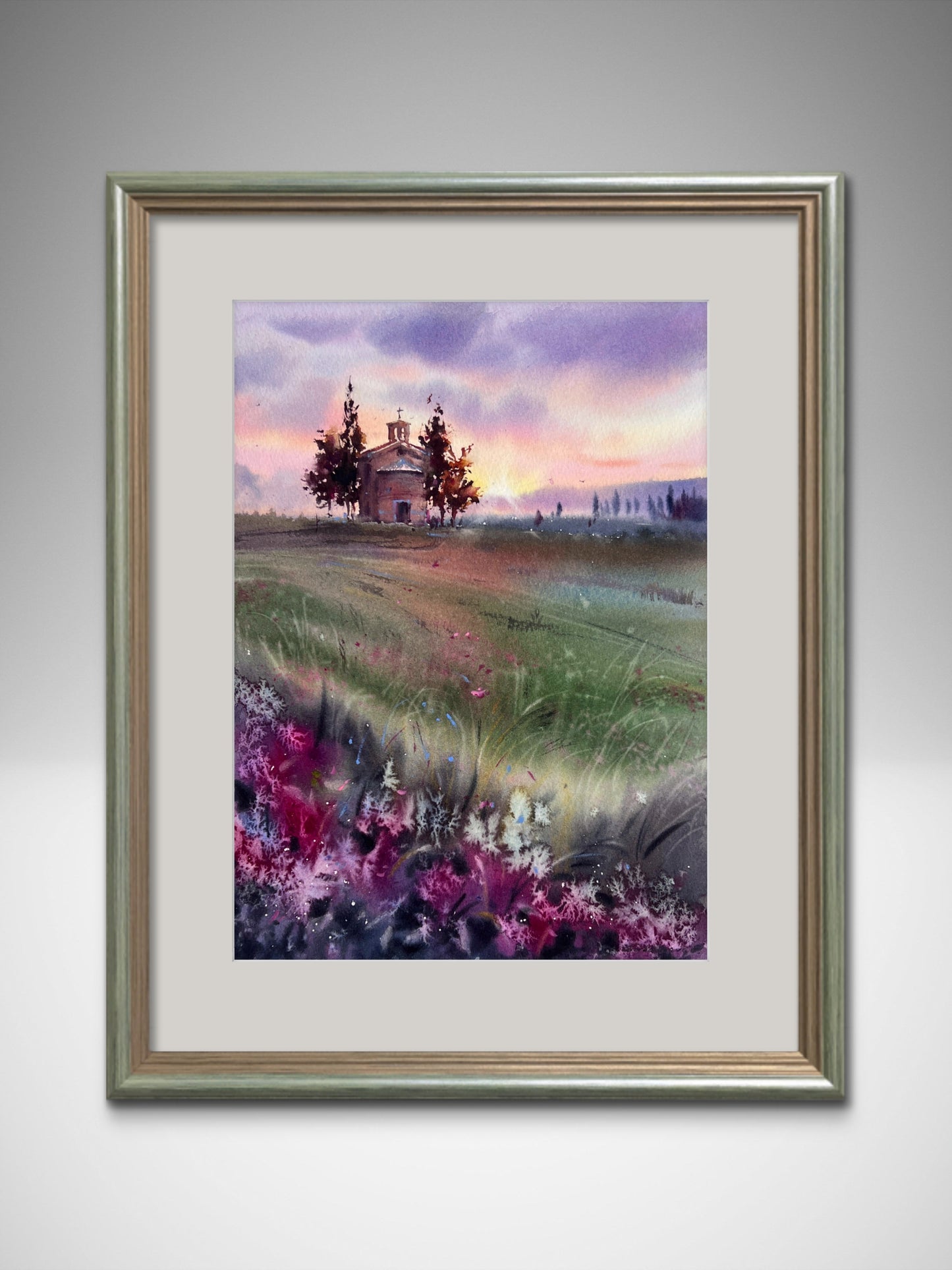 Tuscany Watercolor Painting Italy Landscape Art, Tuscan Chapel Glow 12x16