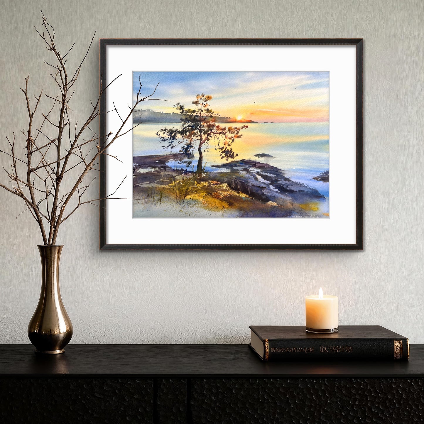 Ladoga Watercolor Painting, Lake Sunset Art, Golden Ladoga 12x16