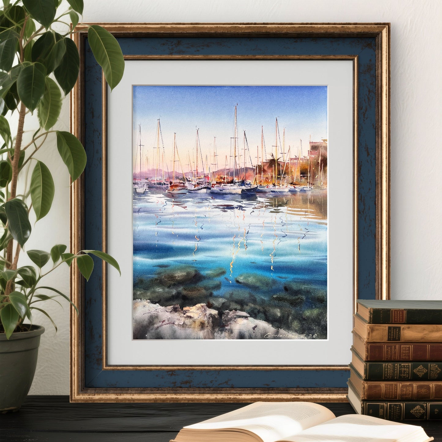 Sailboat Harbor Watercolor, Coastal Marina Painting, The Quiet Marina 12x16 (Copy)