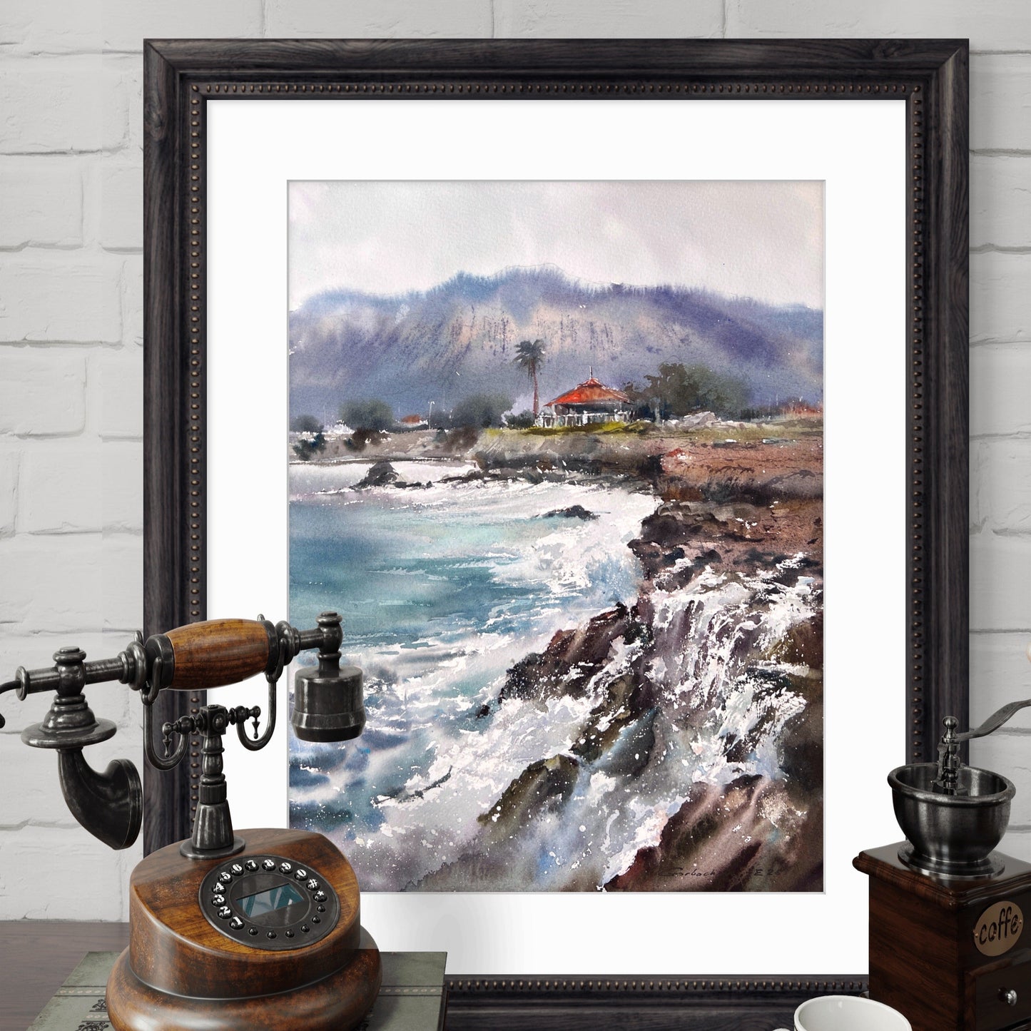 Cyprus Watercolor Painting, Coastal Seascape Art, House on the coast of Cyprus #2 12x16