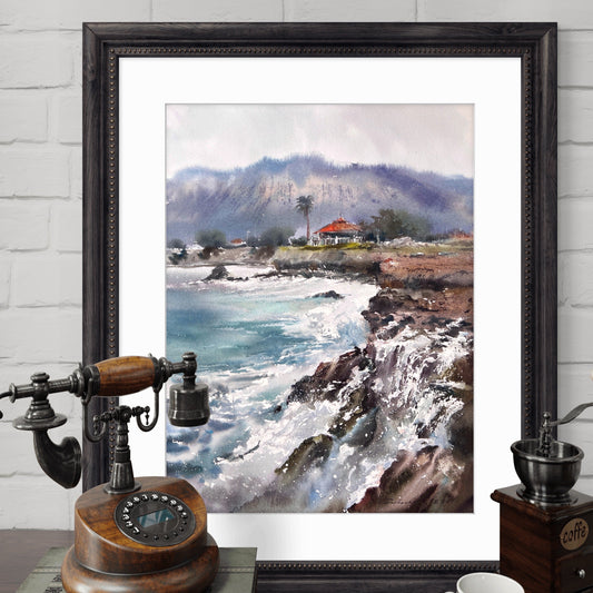 Cyprus Watercolor Painting, Coastal Seascape Art, House on the coast of Cyprus #2 12x16
