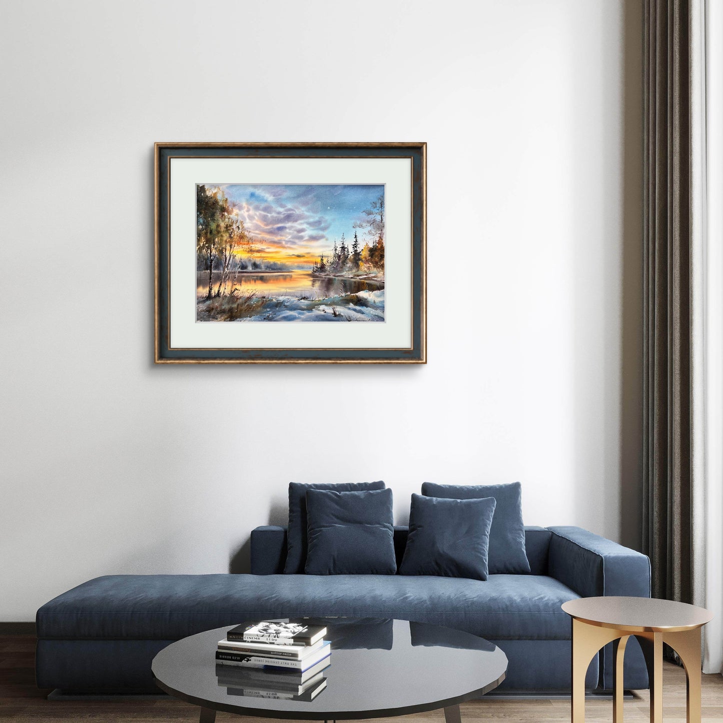 Winter Sunset Watercolor Painting, Snowy Lake Landscape Art, Sunset on the Ice