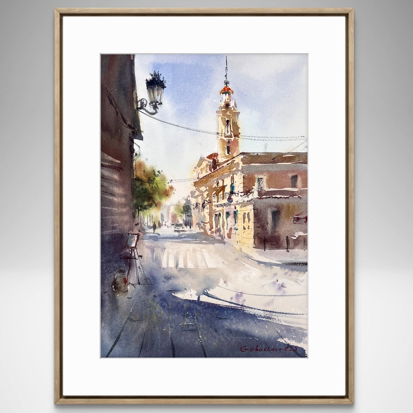 Valencia Sunlit Square – Watercolor Painting – Spain-Inspired Art – Morning Stillness in Valencia #2 8x12 in