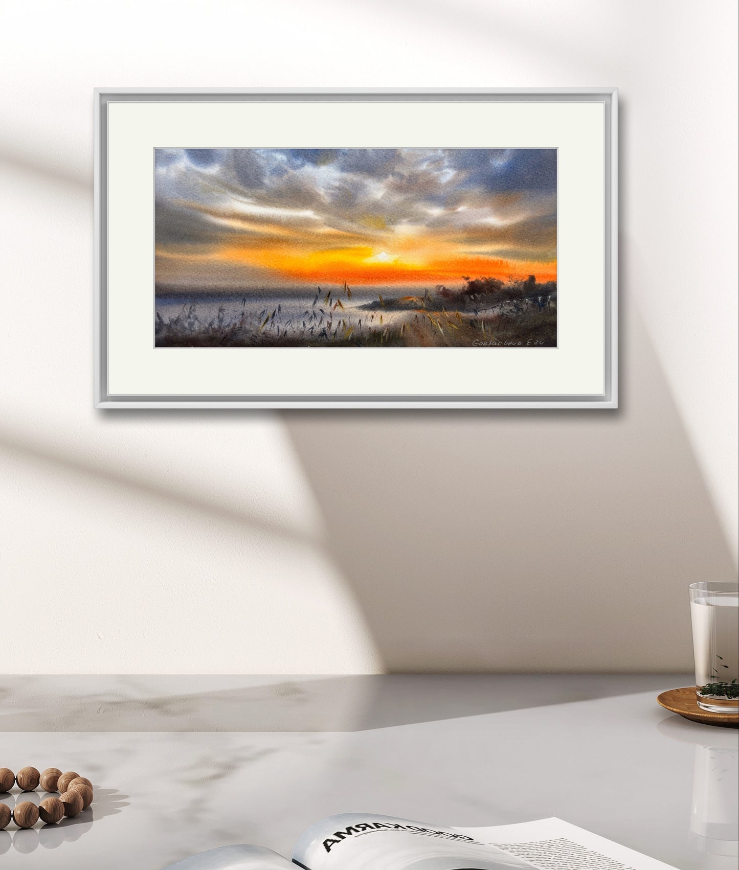 Original Coastal Sunset Watercolor Painting - "Orange Sunset #24" - Ideal Gift for Beach House Decor
