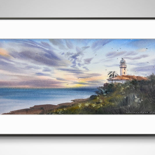Coastal Lighthouse Watercolor Painting, Sunset Seascape Wall Art, Lighthouse at sunset #7, 6x15 in