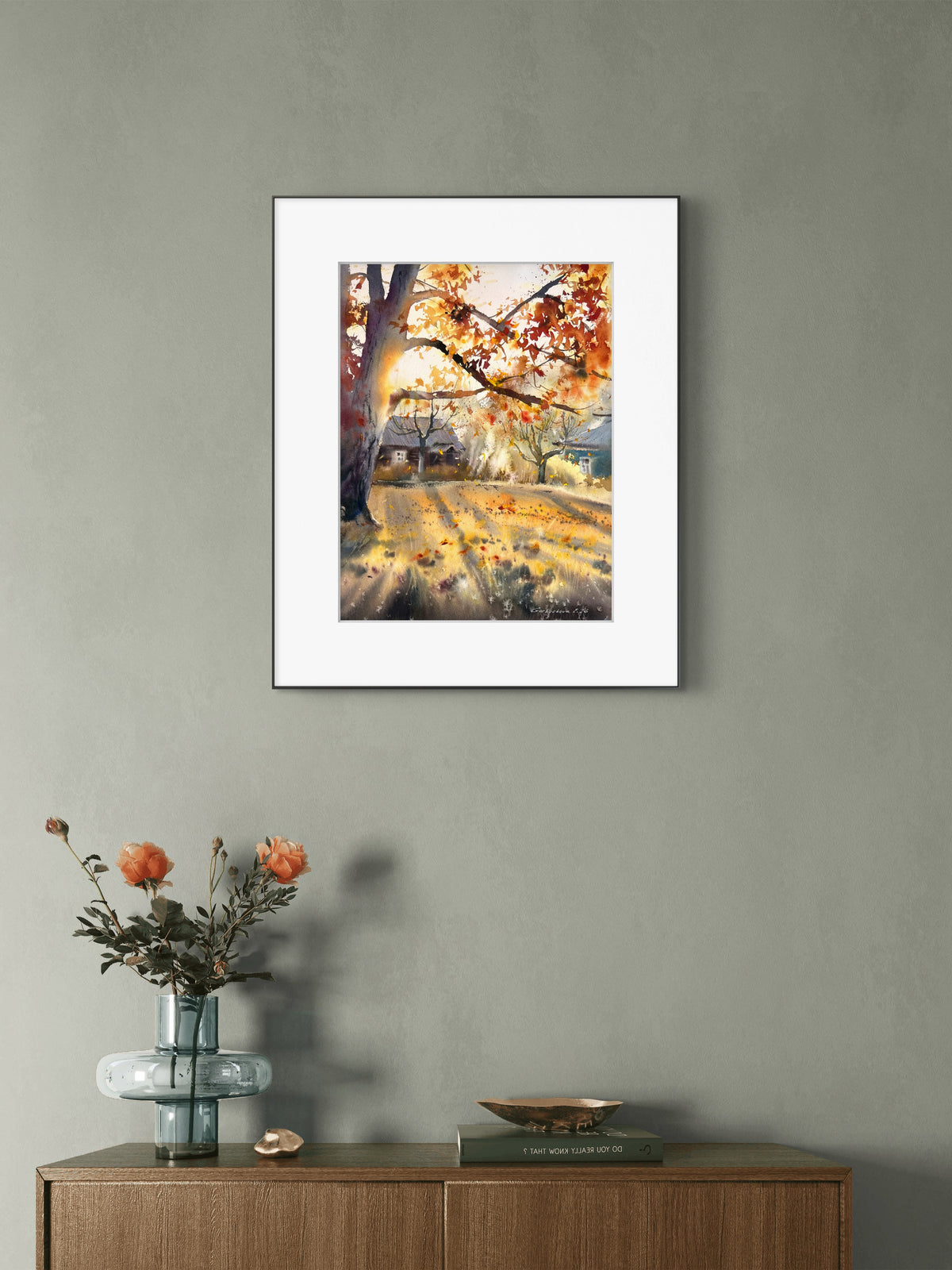 Autumn Landscape Watercolor Painting, Fall Forest Path Art, Golden Trees, The golden light of autumn 12x16