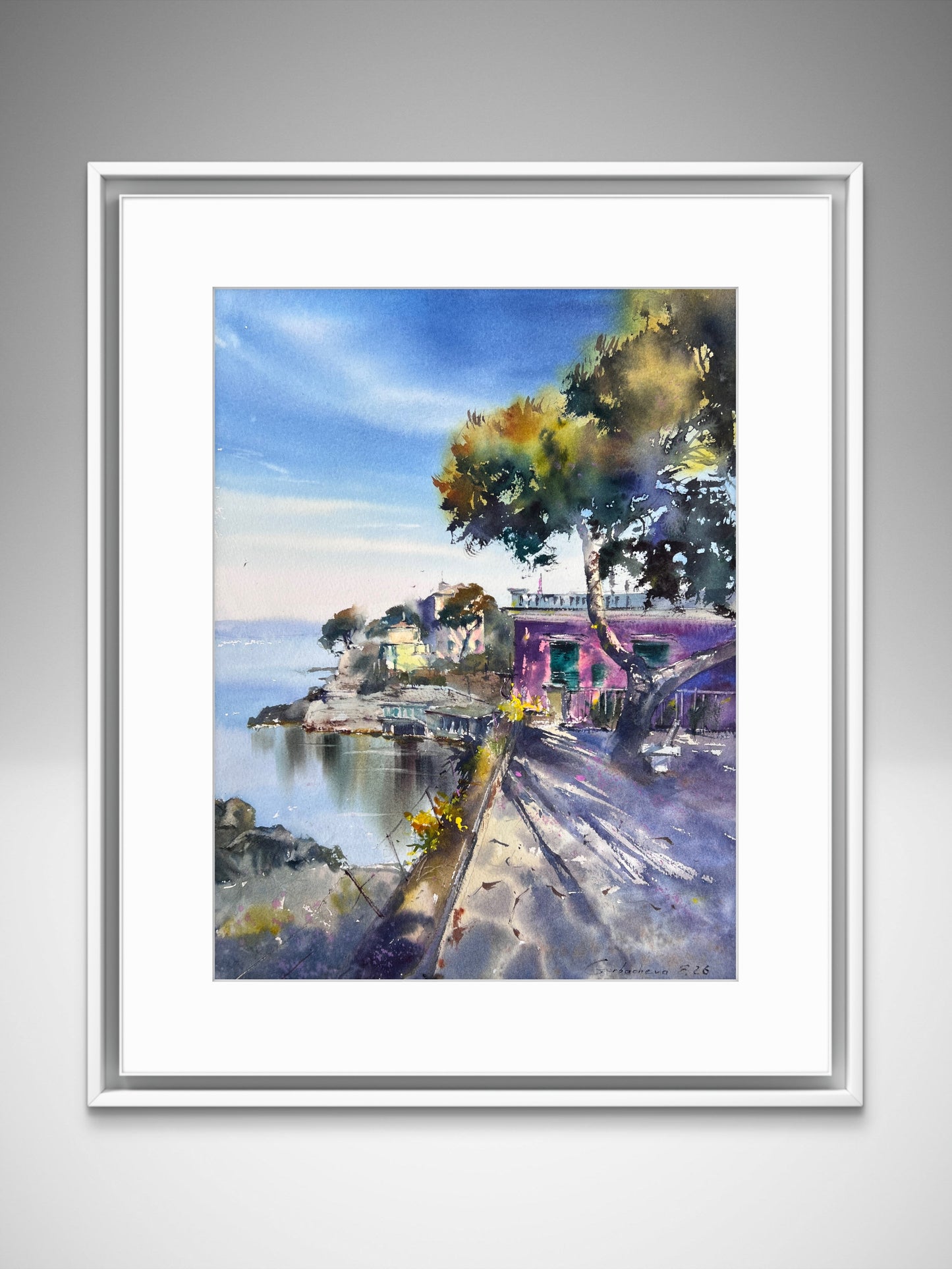 Original Watercolor Painting Liguria Italy Coastal Landscape, Blue Italian Morning. Liguria 12x16
