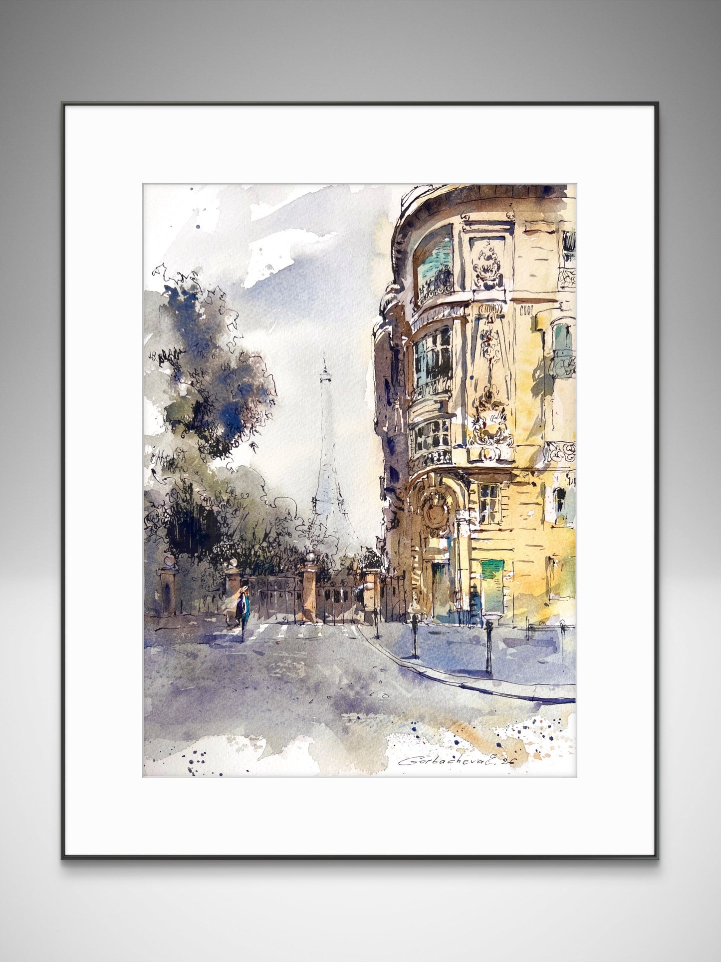 Paris Watercolor Painting, Eiffel Tower Wall Art, Quiet Paris Light 9x12