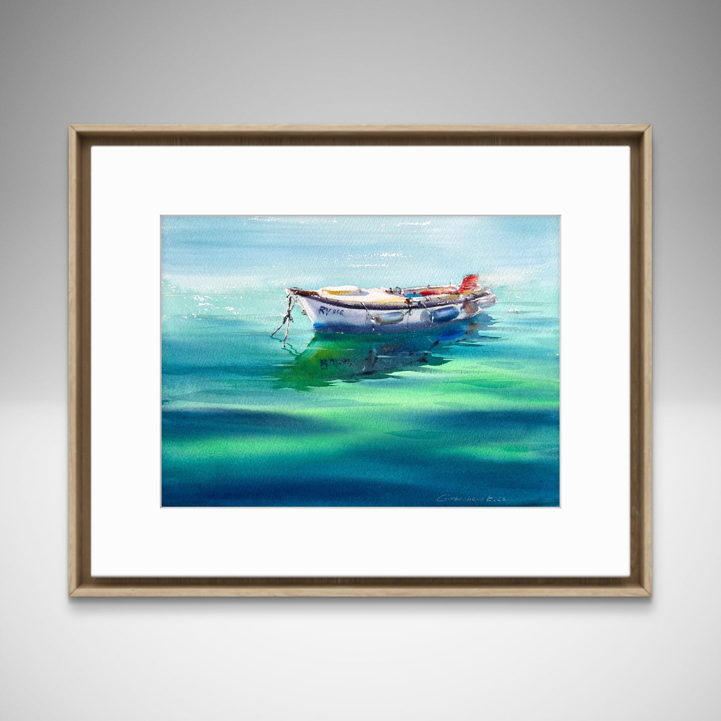 Motorboat Painting Watercolor Original,  Fishing Boat, Boat in the Emerald Silence 9x12