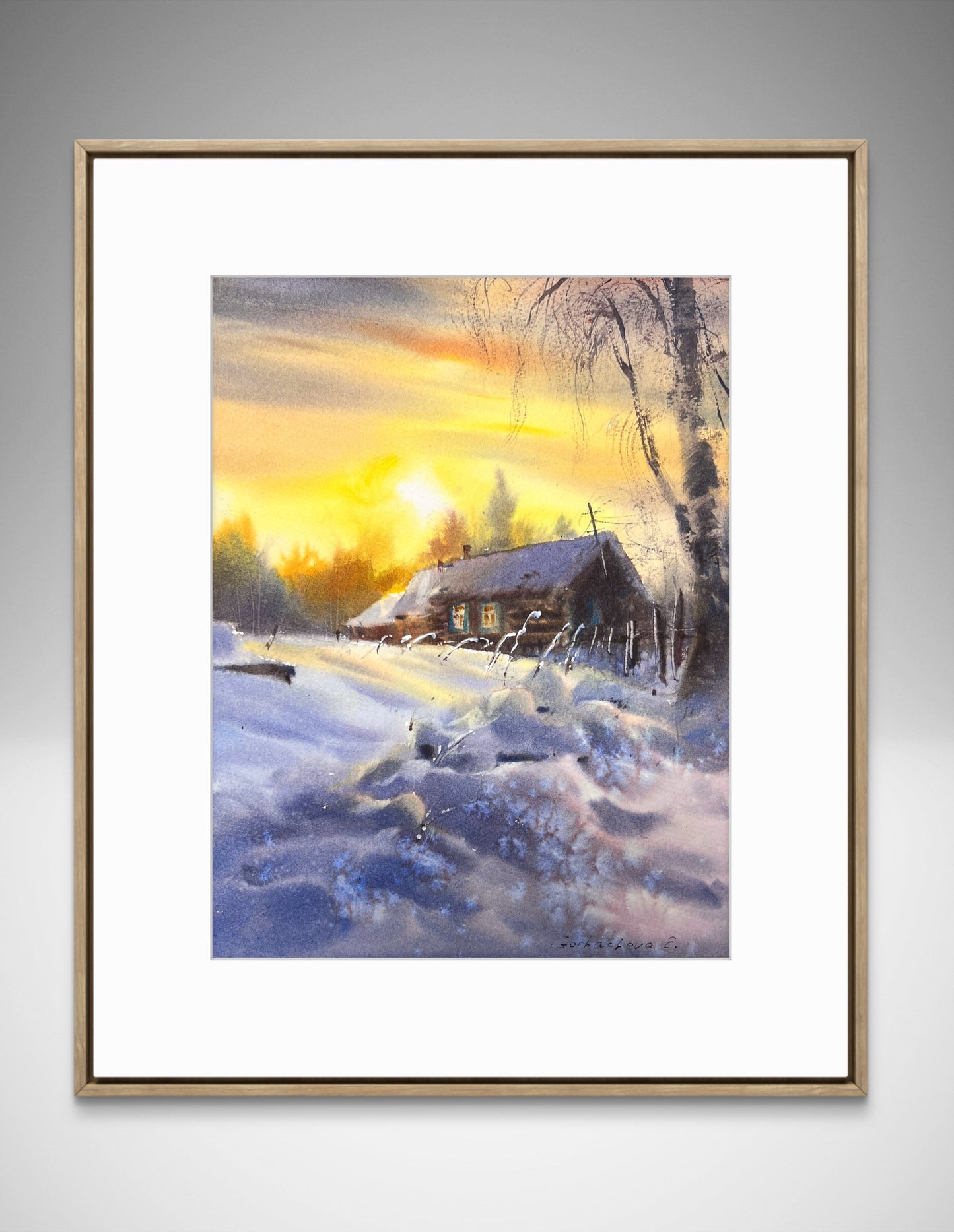 Rustic Winter Sunset Watercolor Painting, Winter's Quiet Embrace 9X12