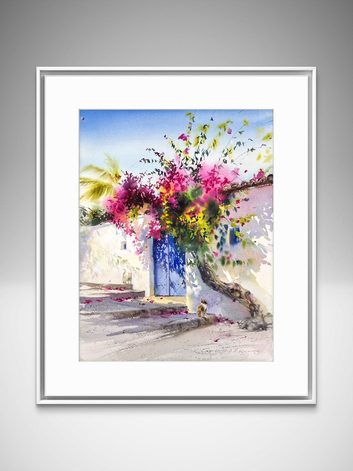 Mediterranean Watercolor Painting, Bougainvillea Art, Where Bougainvillea Blooms 12x16