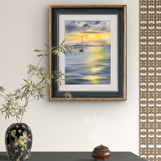 Sunset Sailboat Watercolor, Golden Sea Painting, Yacht in Golden Light 9x12 in