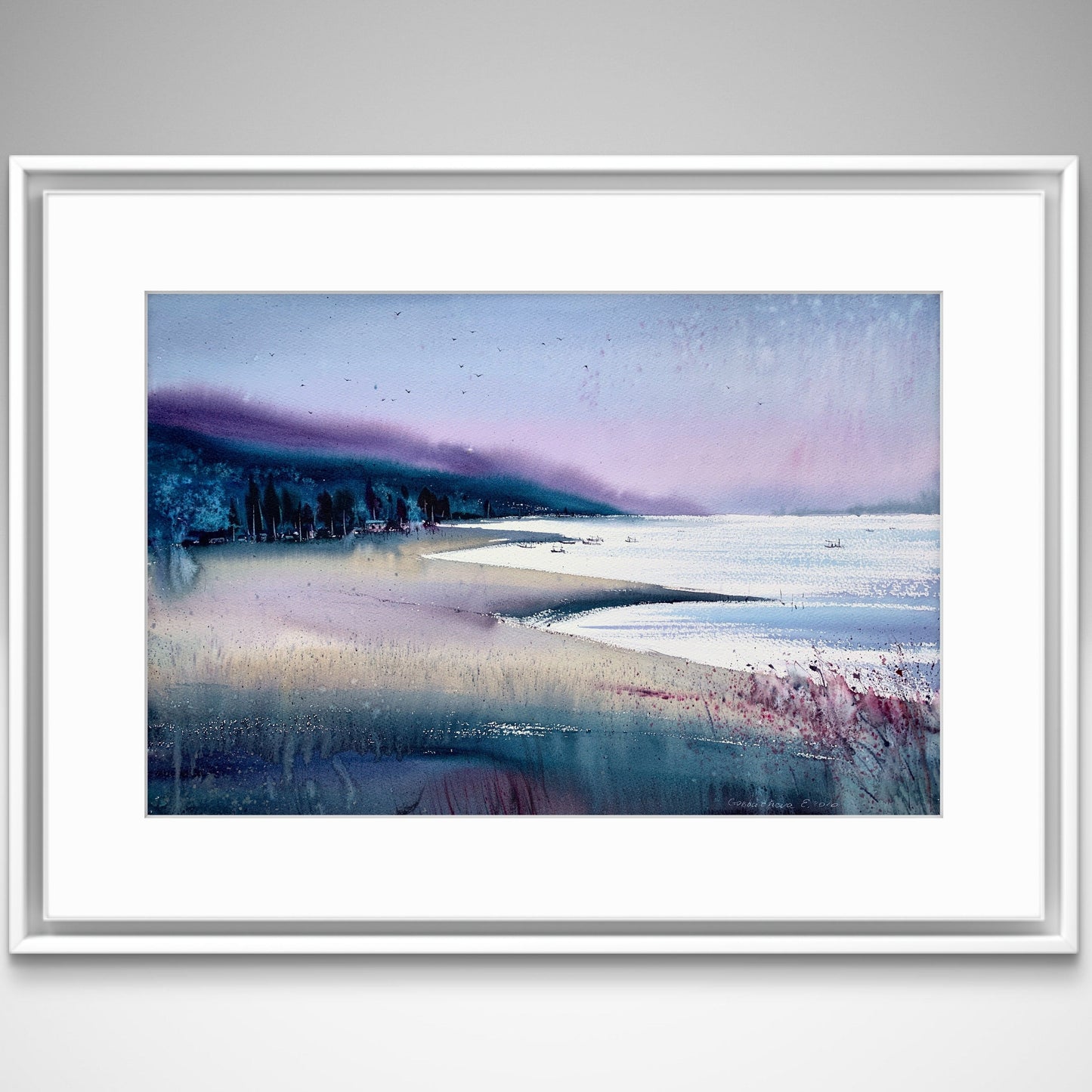 Original Watercolor Painting, Coastal Seascape at Twilight, Purple Bay 15x22 in