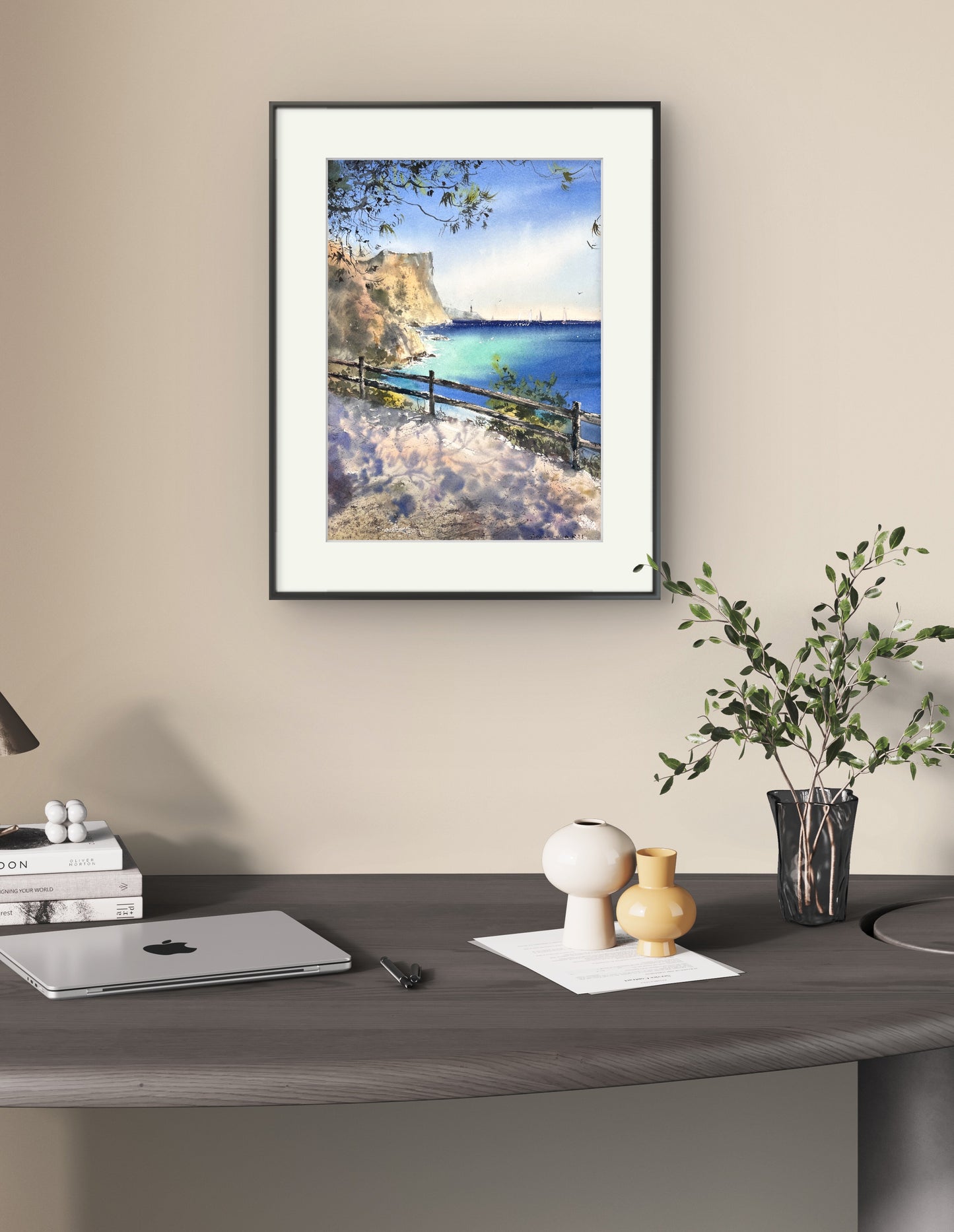 Seashore Art Handpainted Watercolor "Whispers of the Spanish Coast," Serene Coastal Wall Art for Home