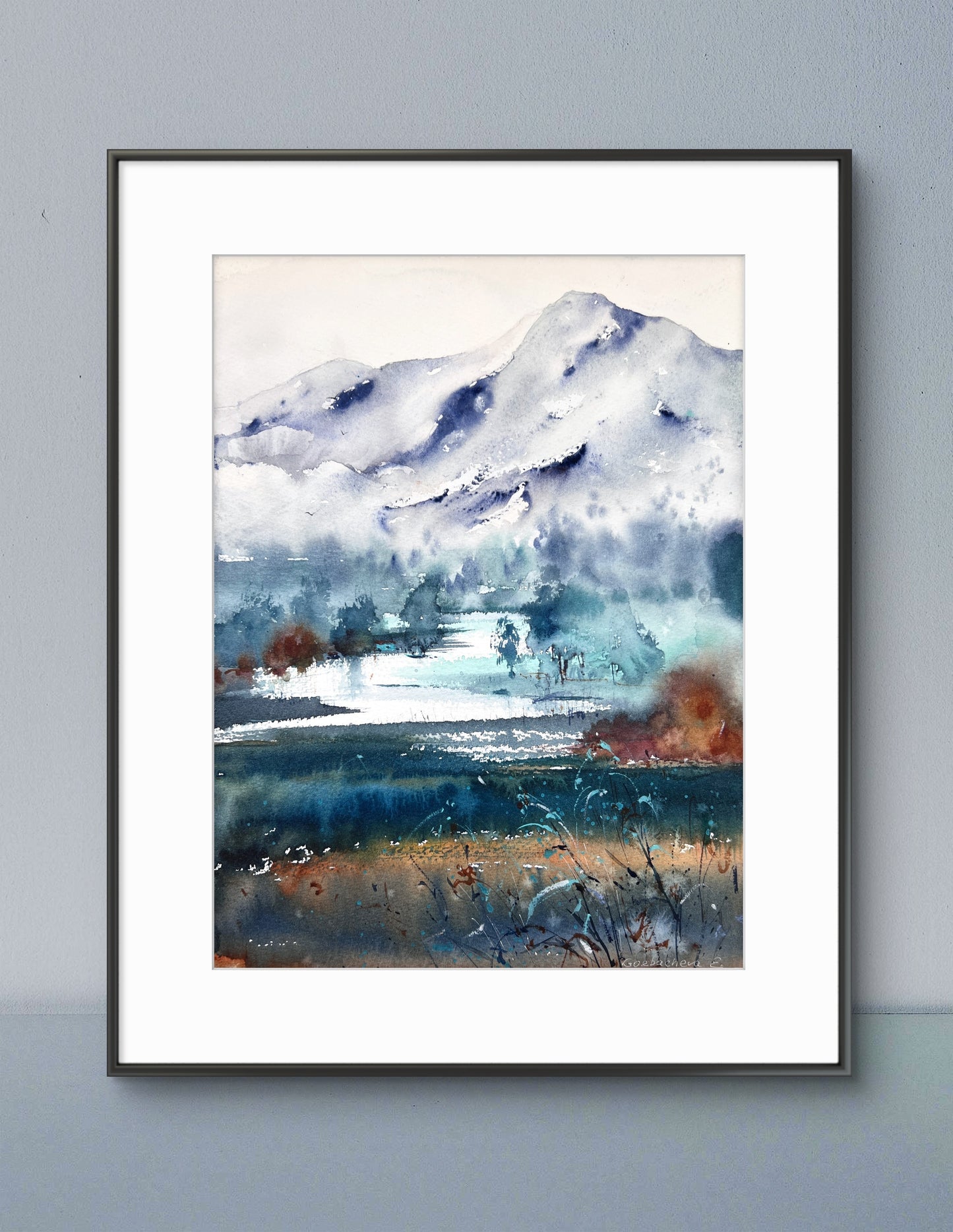 Mountain Valley Village Watercolor Painting, Mountain river #13 9x12