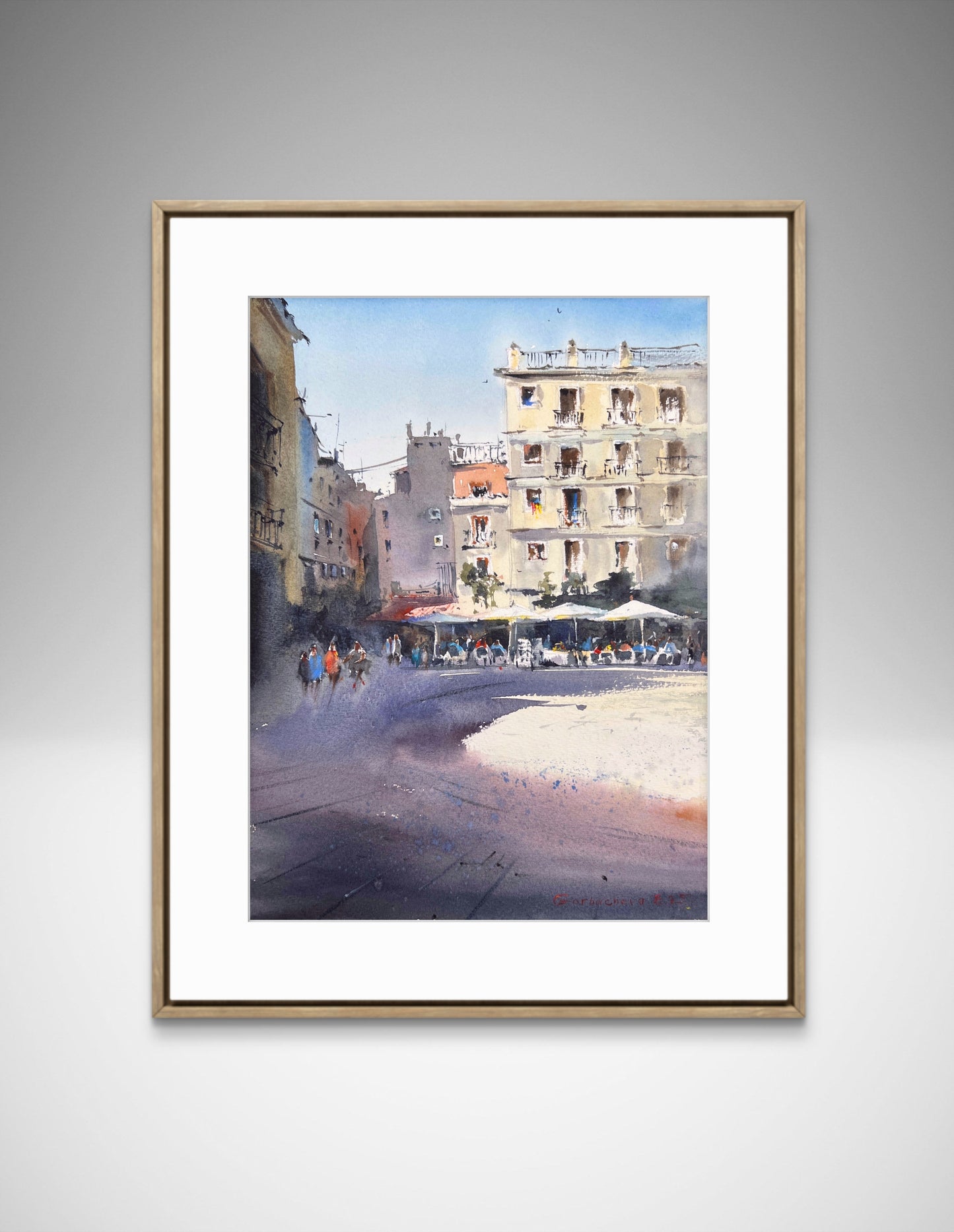 Valencia Sunlit Square – Watercolor Painting – Spain-Inspired Art – Elegant Southern Europe Home Decor