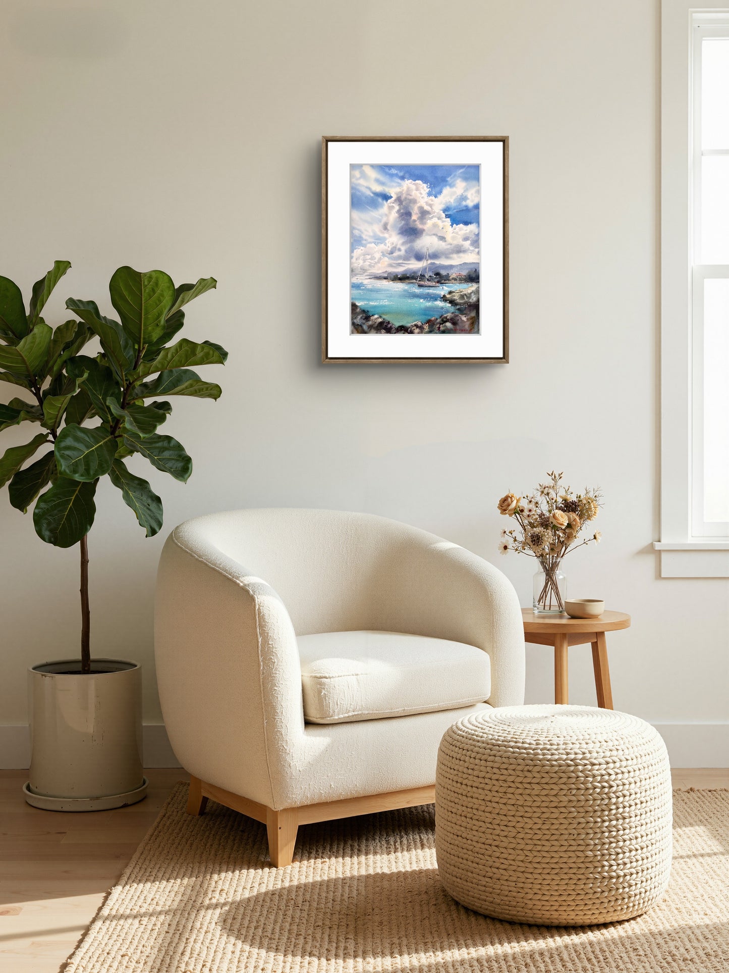 Cyprus Seascape Watercolor Painting, Sailboat Ocean Landscape, Azure Harbor Dream 12x16