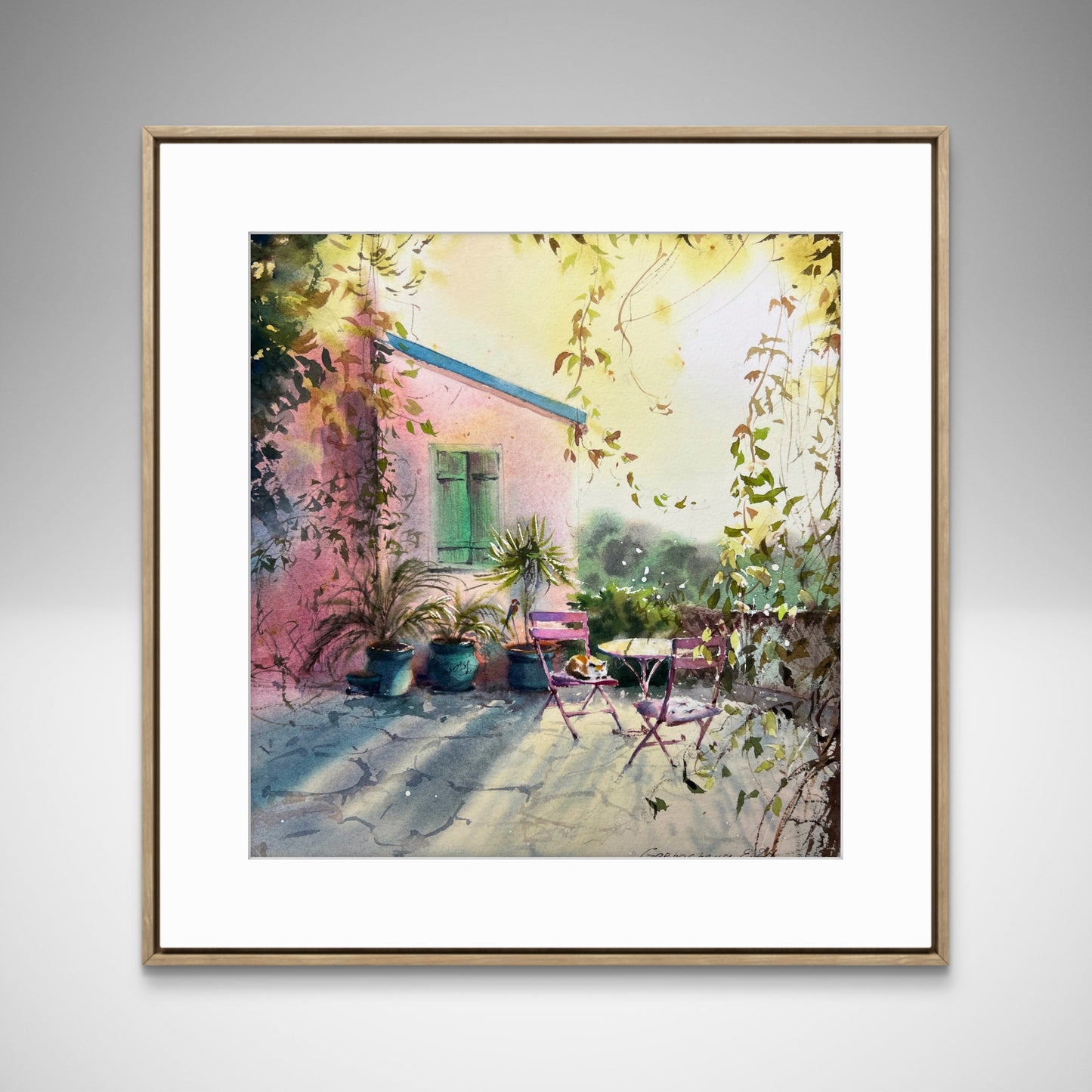 Cyprus Cafe Watercolor Painting, Sunlit Cyprus Corner 12x13