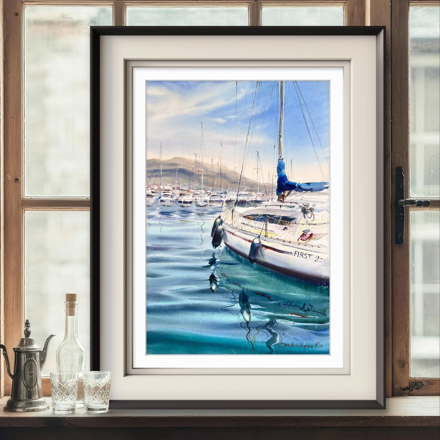 Sailboat Watercolor Painting, Coastal Marina Art, Waiting for the Wind 15x22