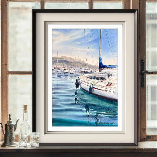 Sailboat Watercolor Painting, Coastal Marina Art, Waiting for the Wind 15x22