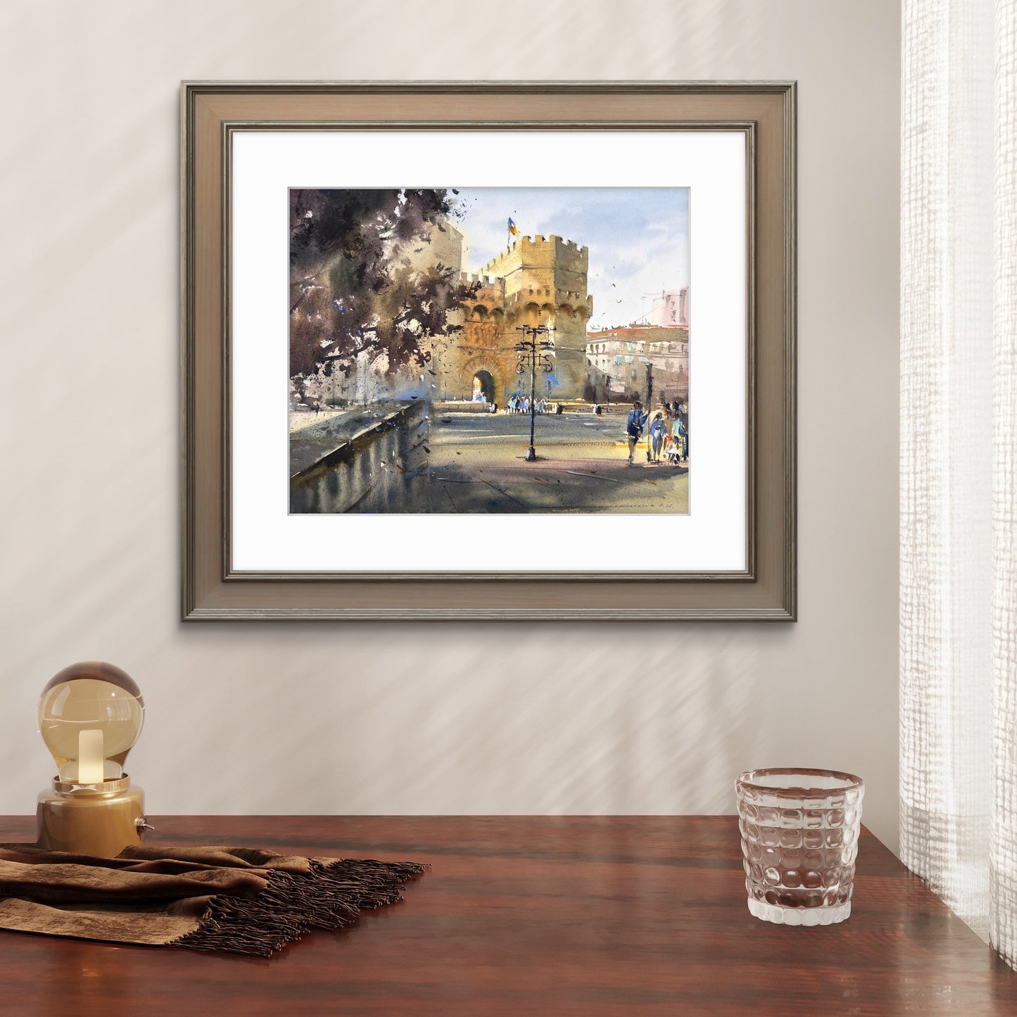 Valencia Watercolor Painting, Spanish Cityscape Art, Golden Gate Valencia 13x15 in