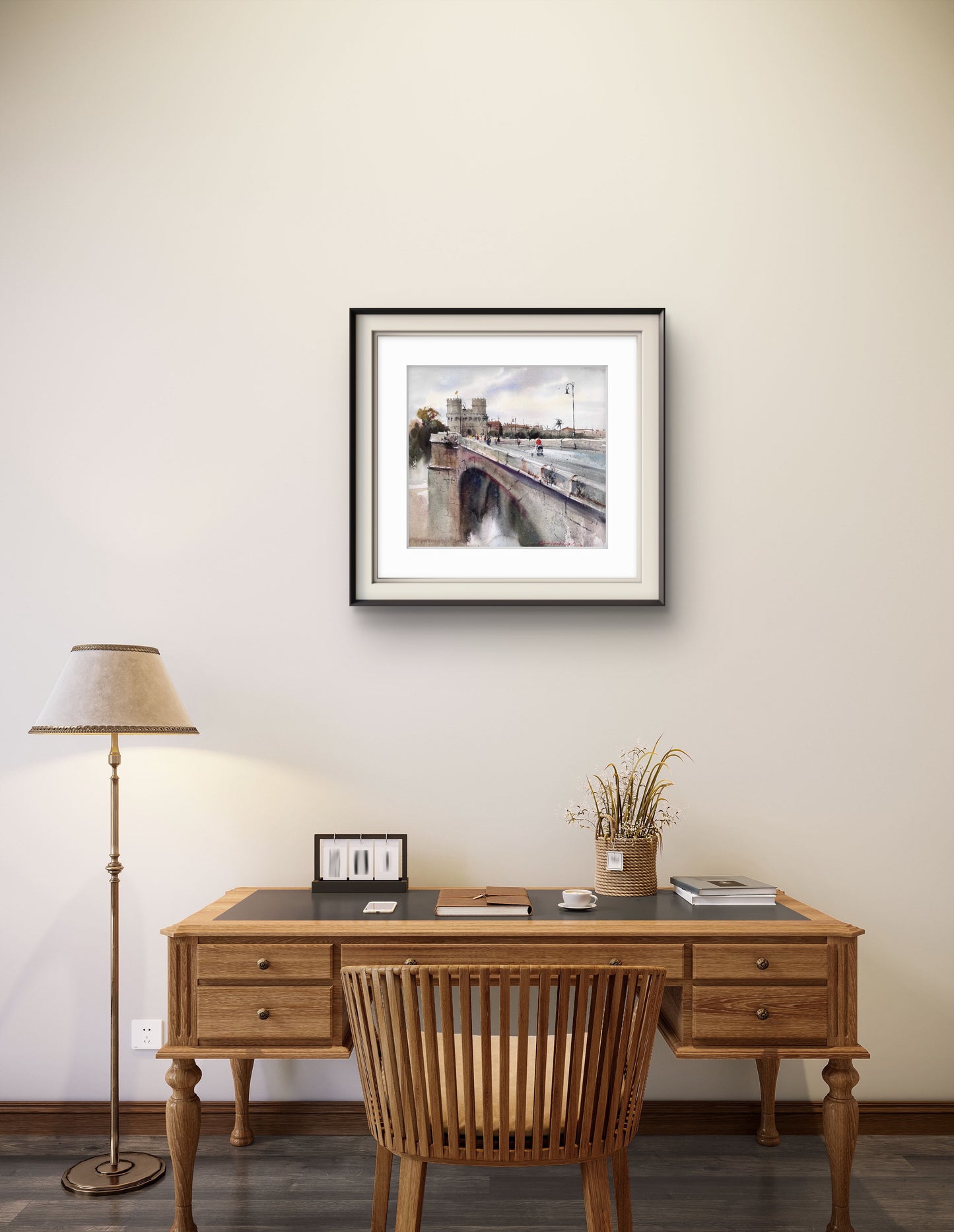 Valencia Watercolor Painting Print, Historic Bridge Torres de Serranos, Valencia Dreaming Towers 14x14.4