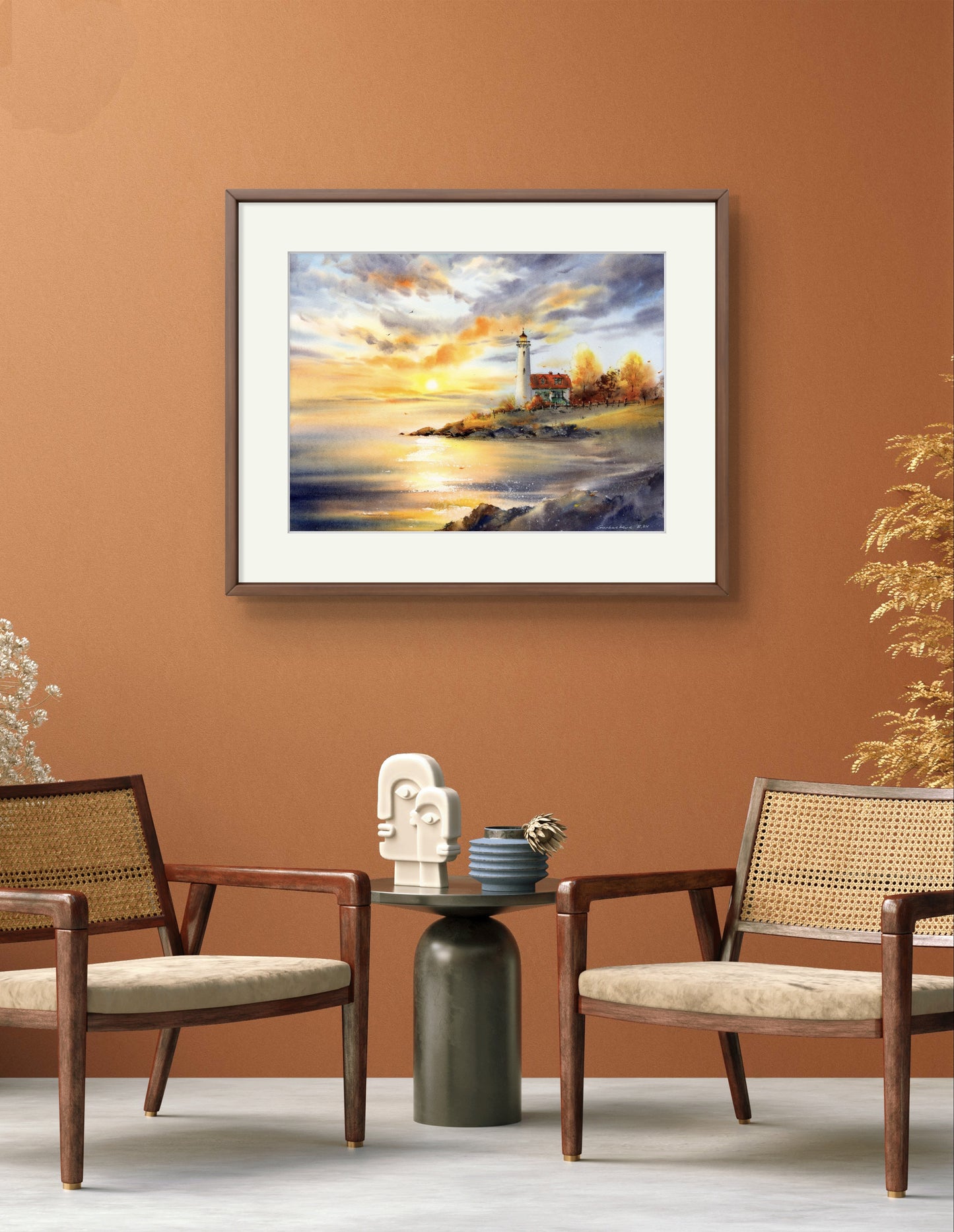 Lighthouse Art Print, Golden Foliage Watercolor Art - Autumn Landscape Print