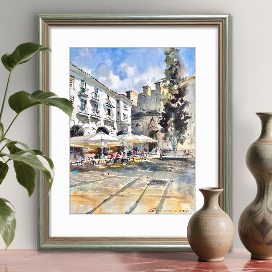 Spanish Street Market Watercolor Painting, Original Urban Art, Sunlit Spanish Streets 12x16