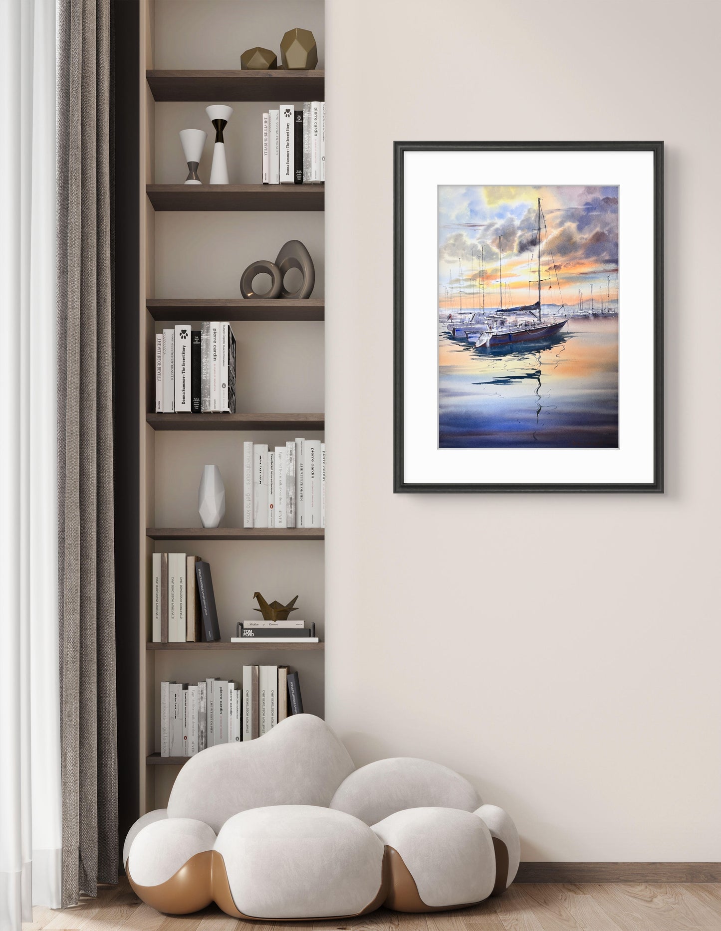 Sailing Boats Watercolor Painting Original Sunset Seascape Wall Art, The Silent Harbor 15x22