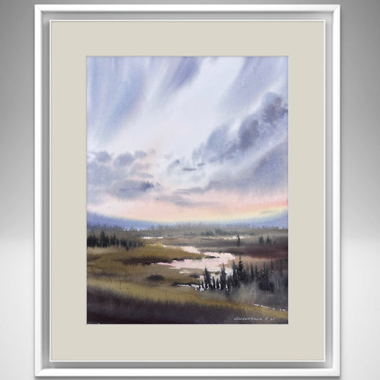 Original Marsh Sunset Watercolor Painting, Misty Dawn 9 x 12 in