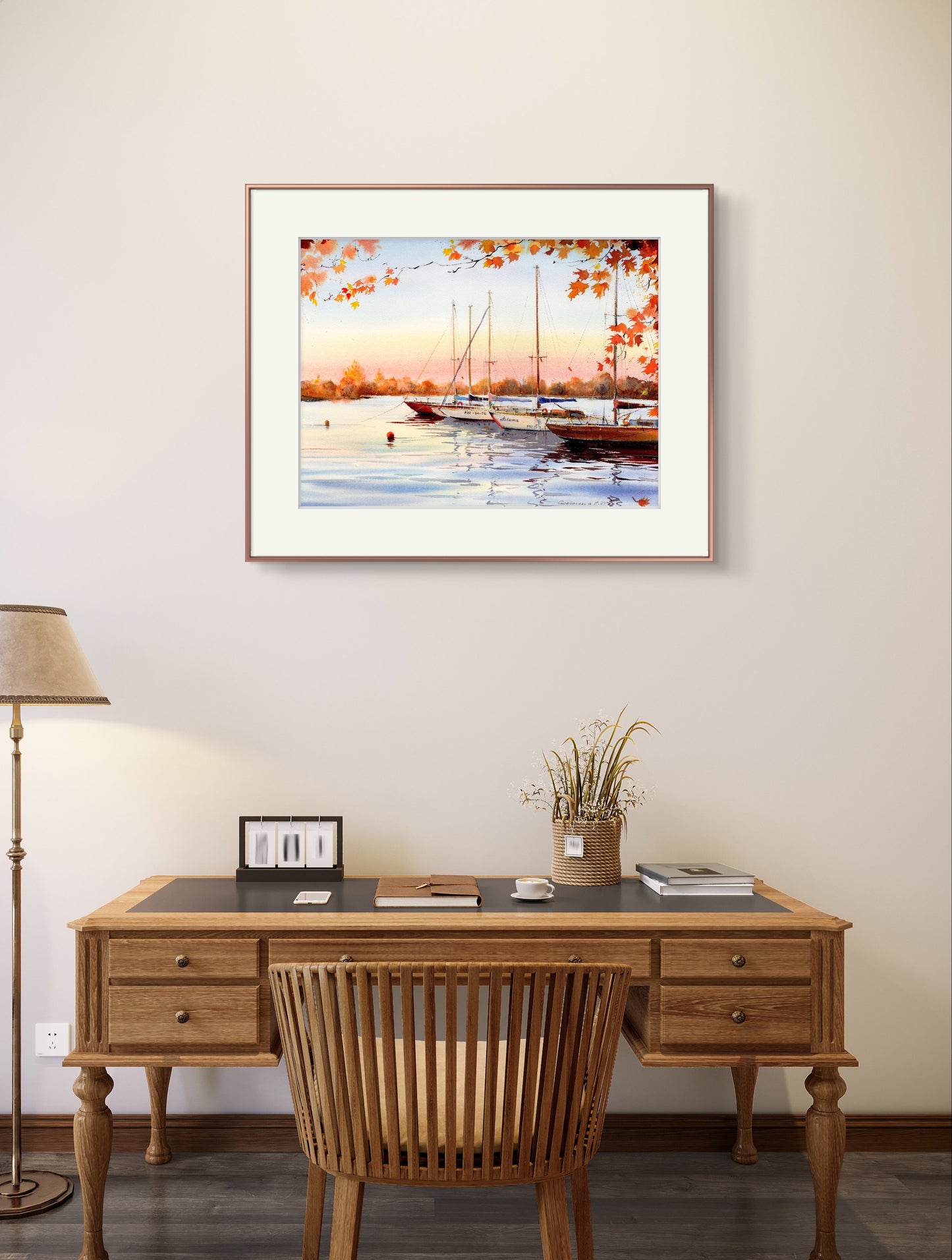 Golden Autumn Yachts Watercolor Original Painting - Marina Scene, 15x20