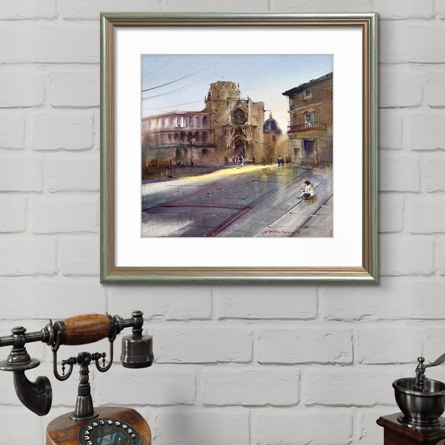 Valencia Watercolor Painting, Spain Cityscape Art, Valencia Morning Glow 14x15