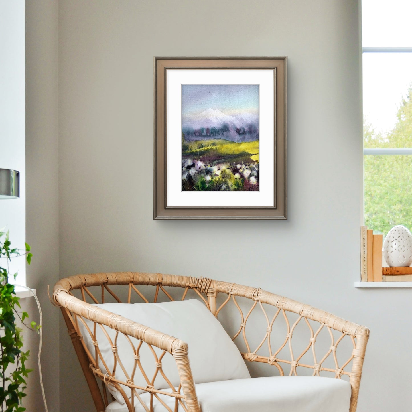 Cotton Field Painting Watercolor Original, Abstract Mountain Landscape, Flowers and Mountains #2 9x12