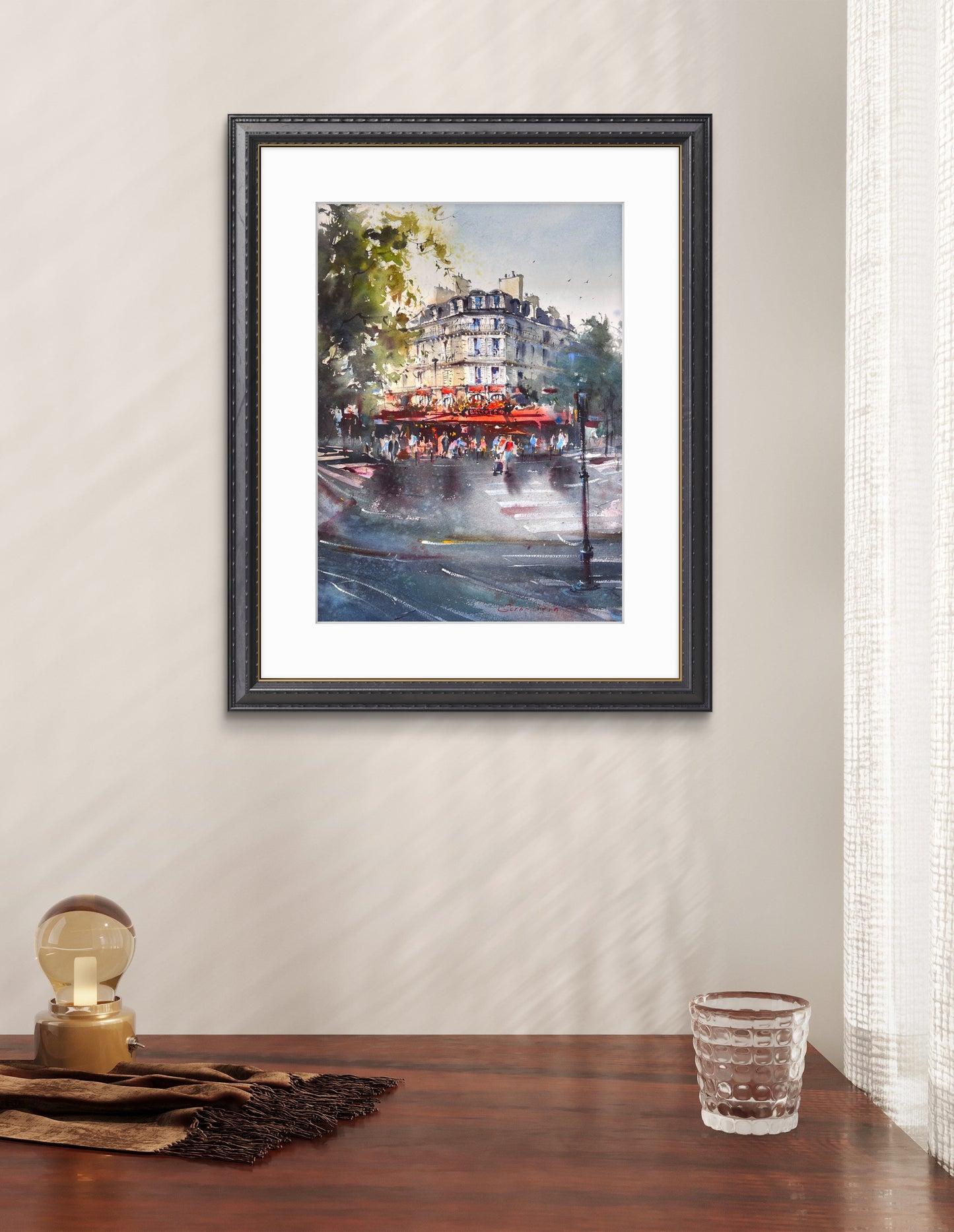 Paris Watercolor Painting French Cafe, Cafe Rouge Memories 15x20
