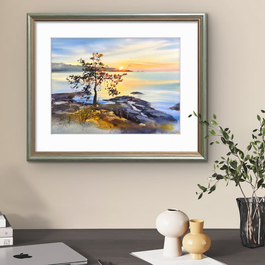 Ladoga Watercolor Painting, Lake Sunset Art, Golden Ladoga 12x16