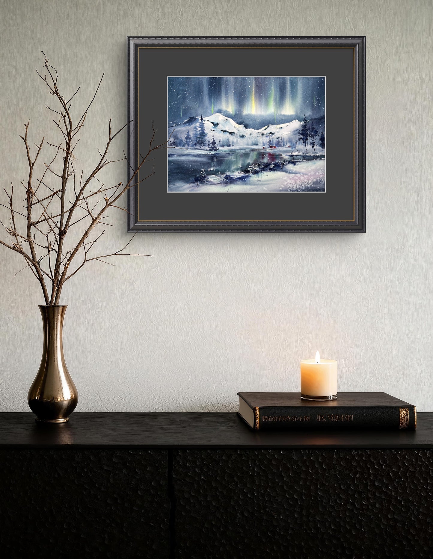 Watercolor Northern Lights Painting, Original Winter Landscape Art, Winter Magic 9x12 (Copy)