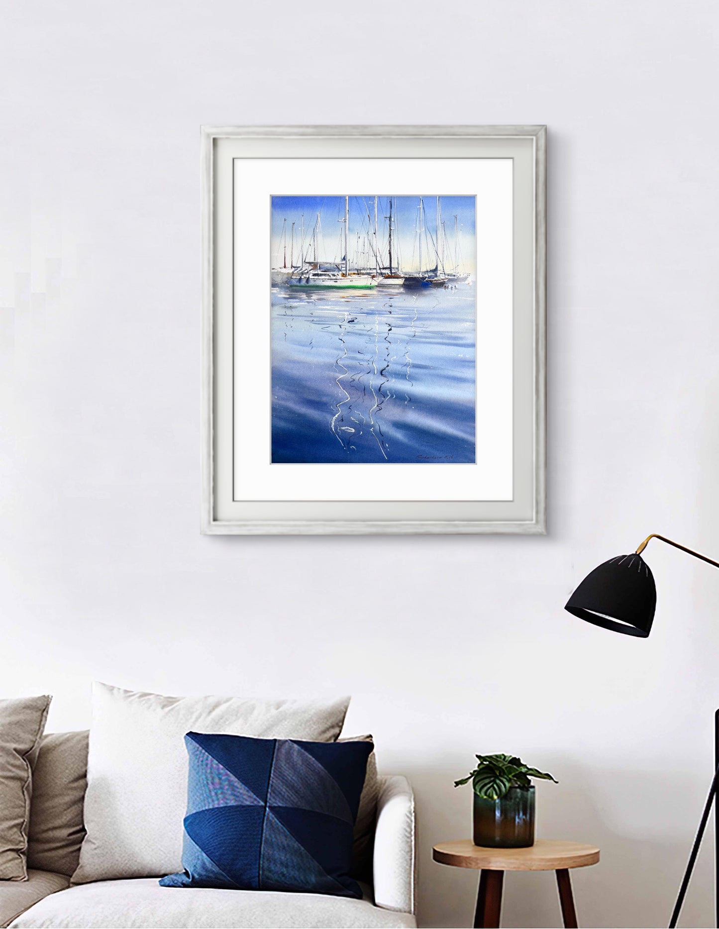 Original Watercolor Marina Painting, Sailboats Harbor Reflection, Blue Harbor Poetry 12x16