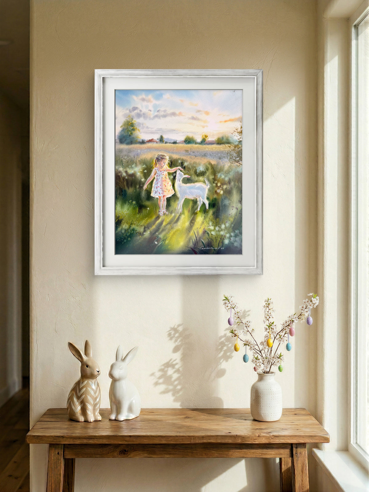 Watercolor Girl and White Goat Painting, Summer Meadow Landscape, The Quiet Joy of Childhood 12x16