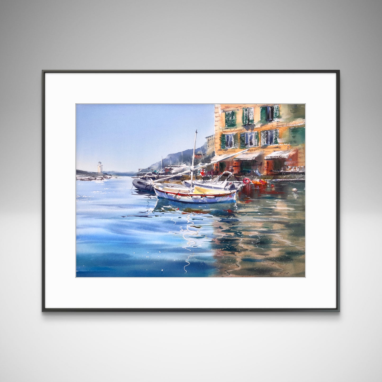 Camogli Harbor Watercolor Painting, Italian Coastal Art, Reflections of Camogli 12x16