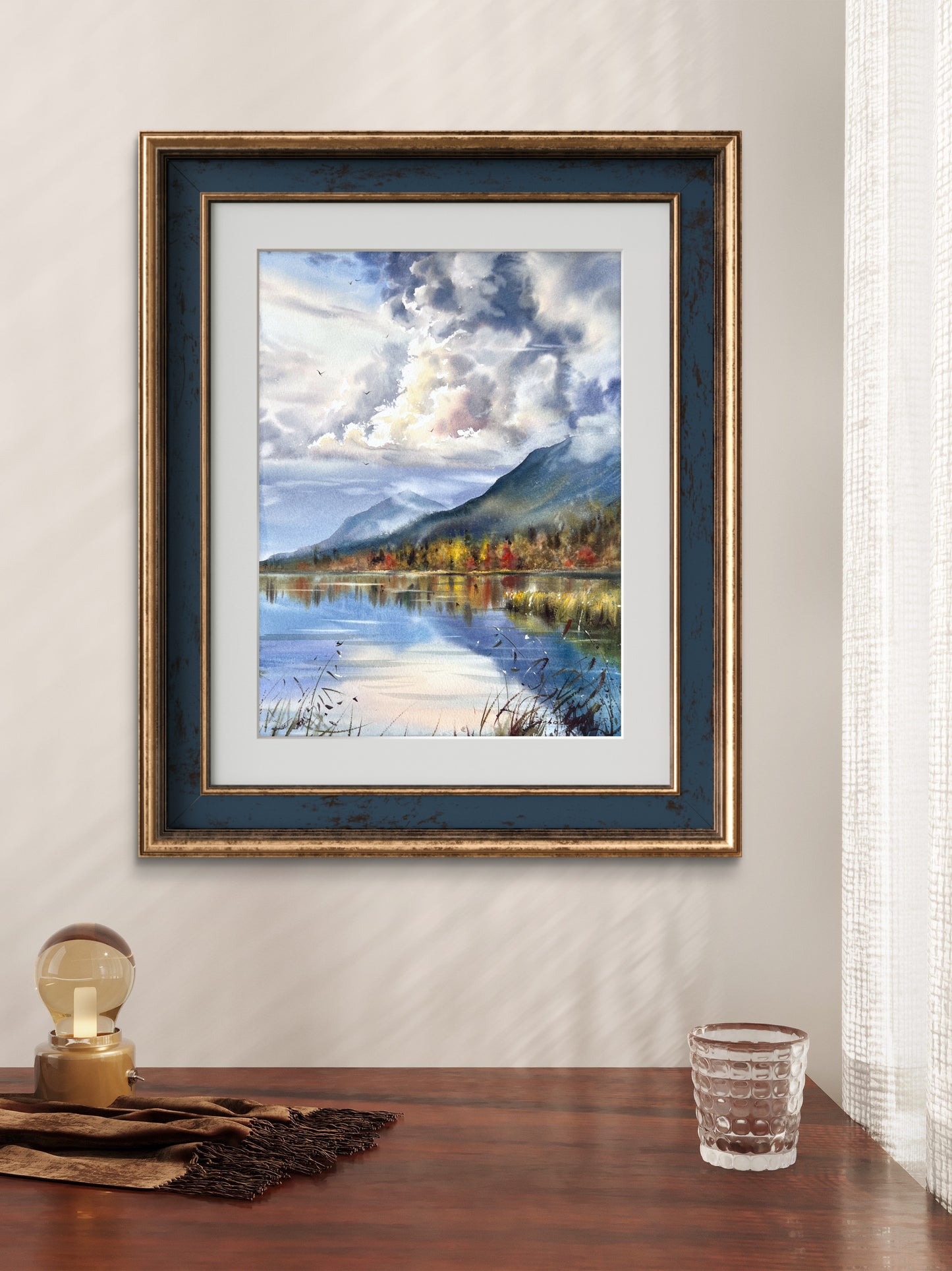 Mountain Lake Watercolor, Autumn Landscape Painting, Autumn Light on the Lake 12x16 in
