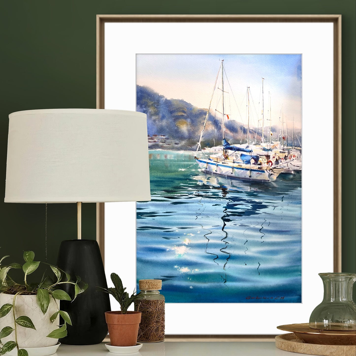 Underwater Light Watercolor, Sailboat Painting, Underwater Light 15x22