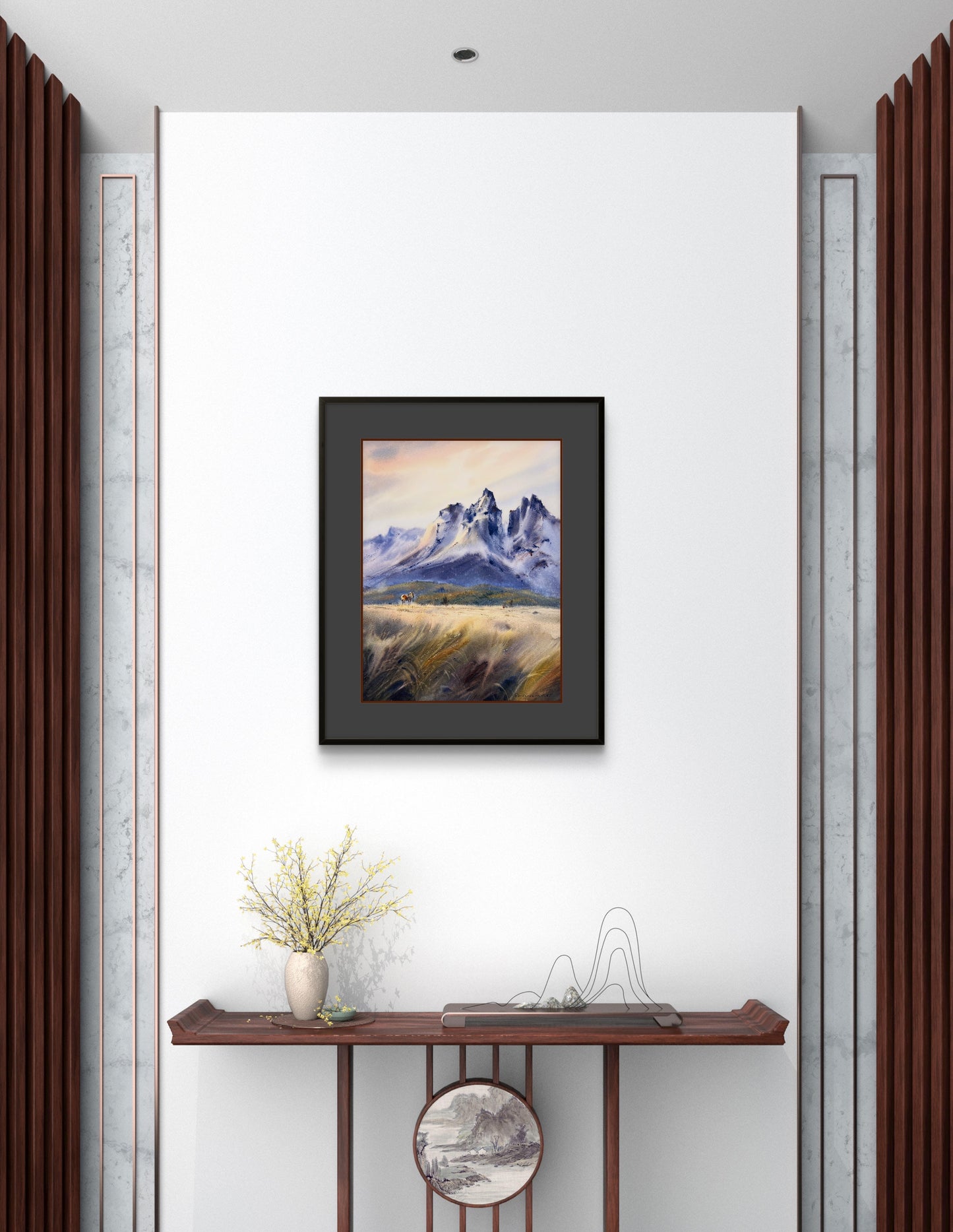 Original Mountain Landscape Watercolor Painting, Horse in High Grass Field Art, Where the Wind Runs Free 12x16