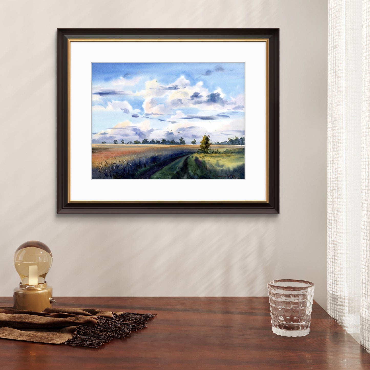 Russian countryside watercolor landscape, Rural field road, Sky clouds painting, Silent Field Road 12x16