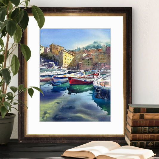 Original Camogli Italy Watercolor Painting | Italian Harbor Seascape | Morning in Camogli #2 12x16
