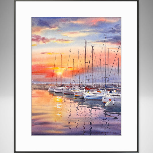 Spain Gandia Port Sunset Watercolor, Sailboats Marina Painting, Dream Haven. Spain 12x16