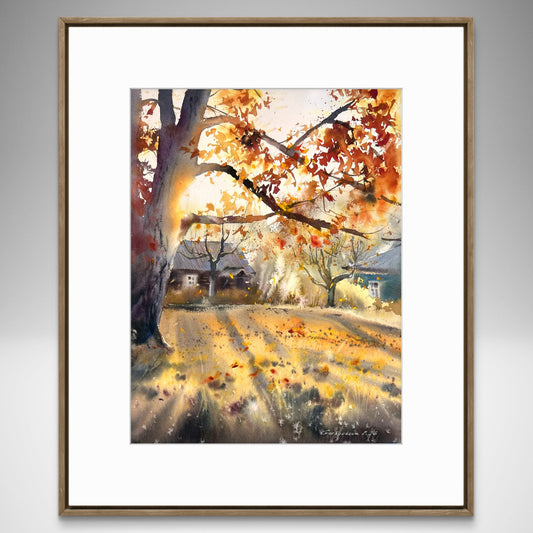 Autumn Landscape Watercolor Painting, Fall Forest Path Art, Golden Trees, The golden light of autumn 12x16