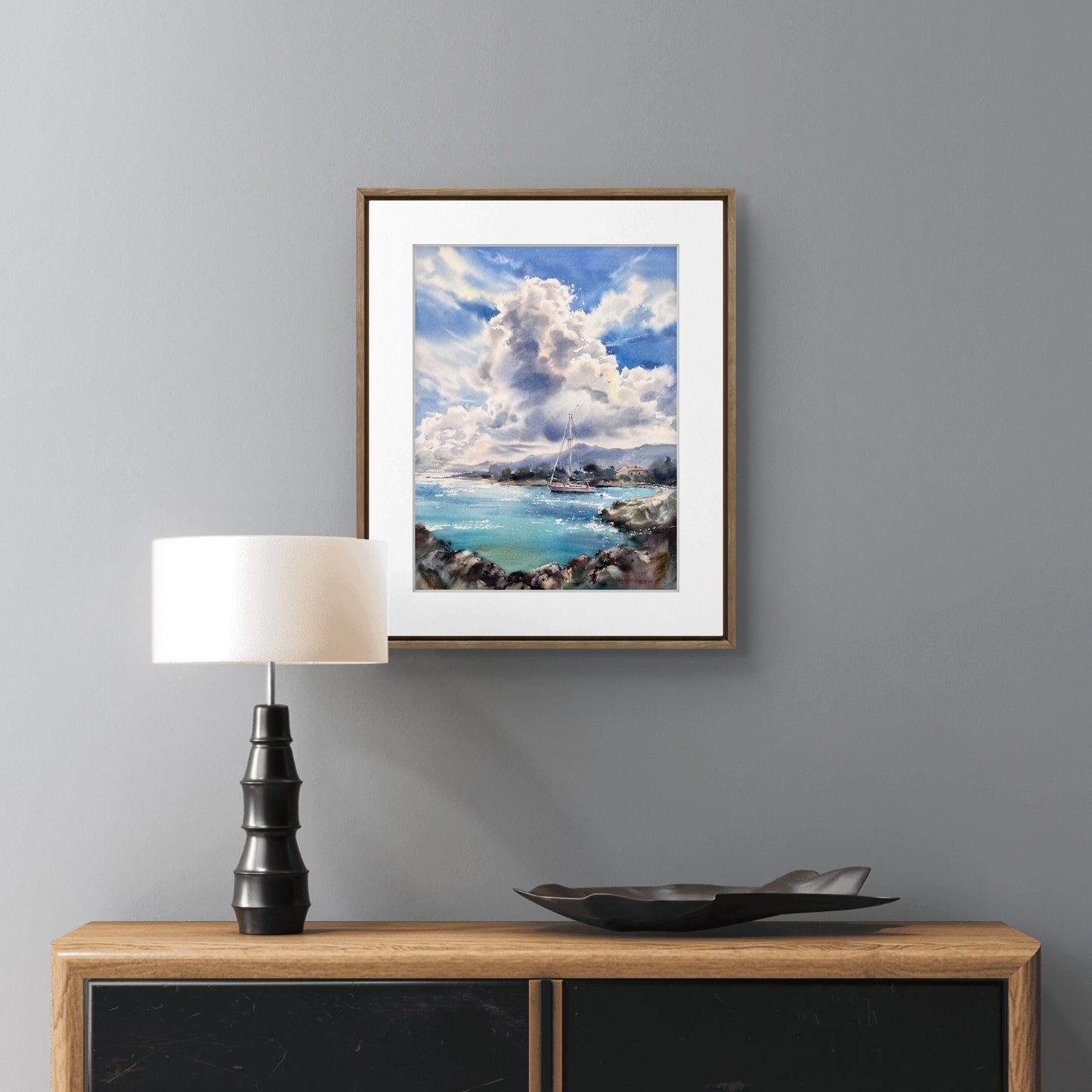 Cyprus Seascape Watercolor Painting, Sailboat Ocean Landscape, Azure Harbor Dream 12x16
